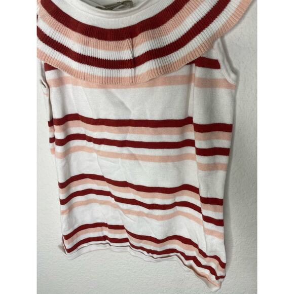 LOFT WHITE & CORAL STRIPED RUFFLED NECK SLEEVELESS KNIT  BLOUSE TOP SZ xsmall - Picture 2 of 3
